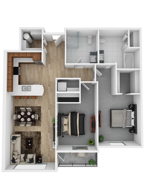 A 3D floor plan of a house with a kitchen, living room, and bathroom.